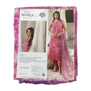 MORJA unstitched lawn suit front view with digital print and embroidered shirt details