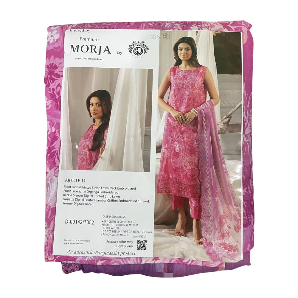MORJA unstitched lawn suit front view with digital print and embroidered shirt details
